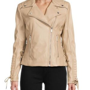 GUESS Women's Faux-Leather Asymmetric Moto Coat leather jacket  size XXL latte